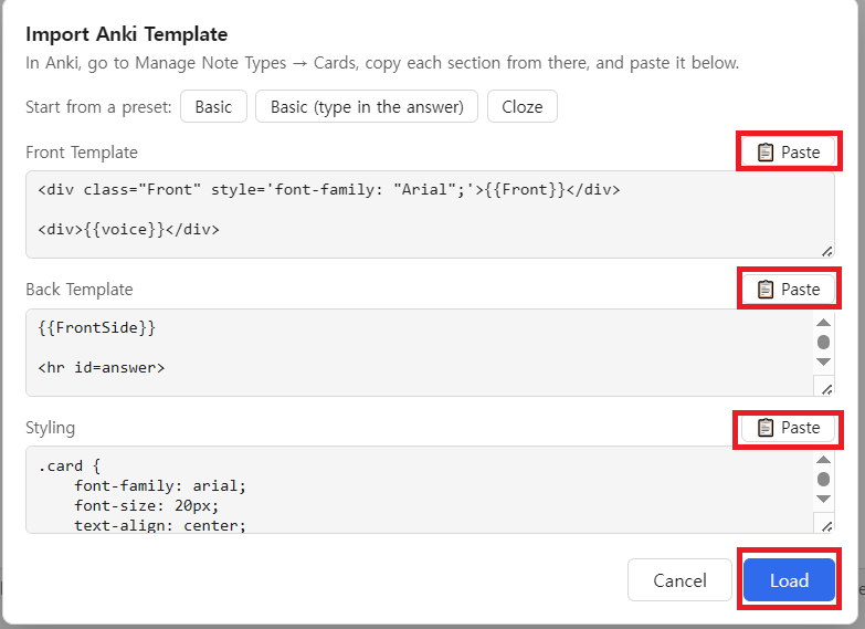 The Anki template import dialog — paste buttons next to each field and the Load button