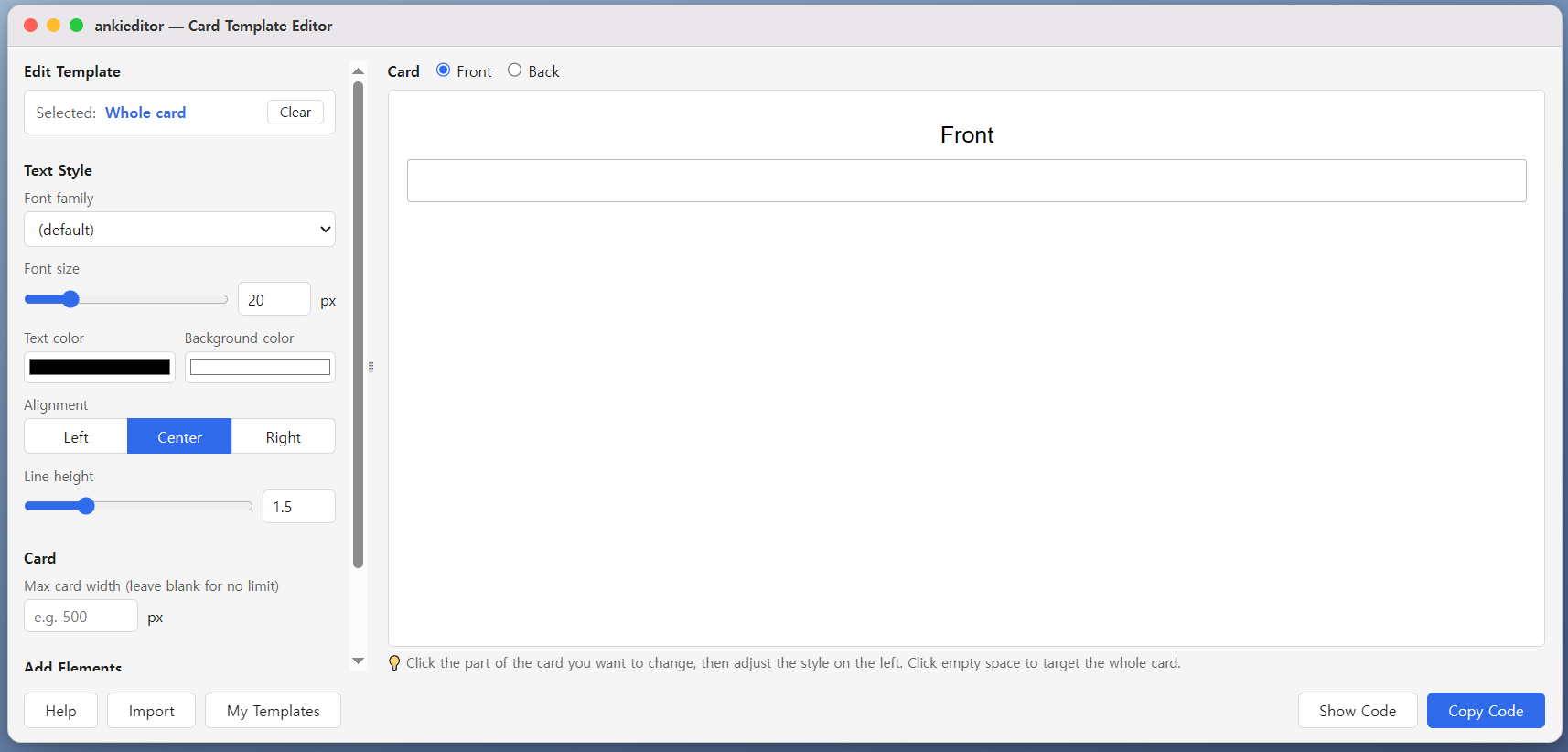 The ankieditor editing screen — selecting an element in the card and changing its style in the left panel